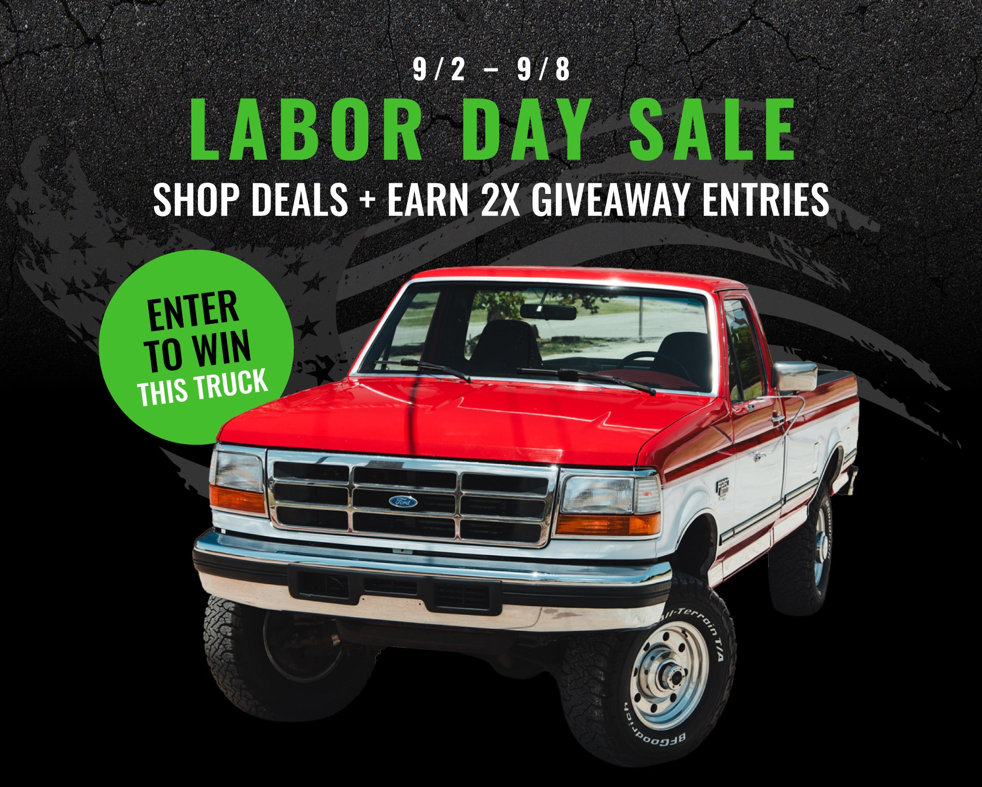 A promotional graphic for a Labor Day Sale featuring a red and white Ford pickup truck on a dark textured background, with large green and white text advertising sale dates and giveaway entries.